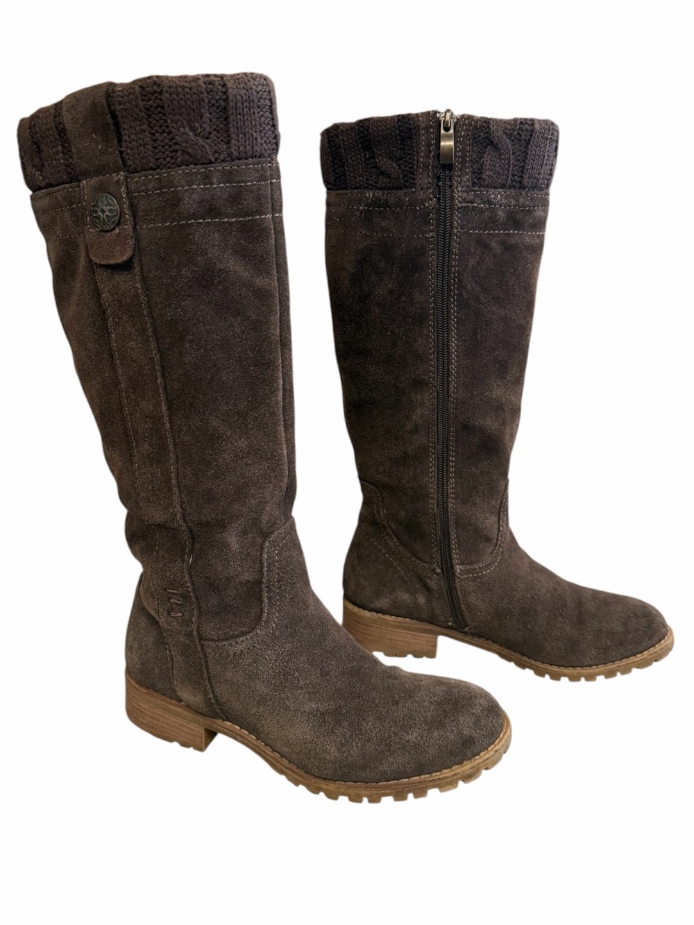 Bjorndal Brown Leather Mid Calf Boots Faux Fur Lining Knit Cuff Zip Lug Sole 6